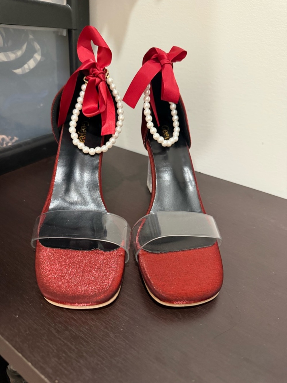 Red Satin Pearl-Ankle Strap Heels